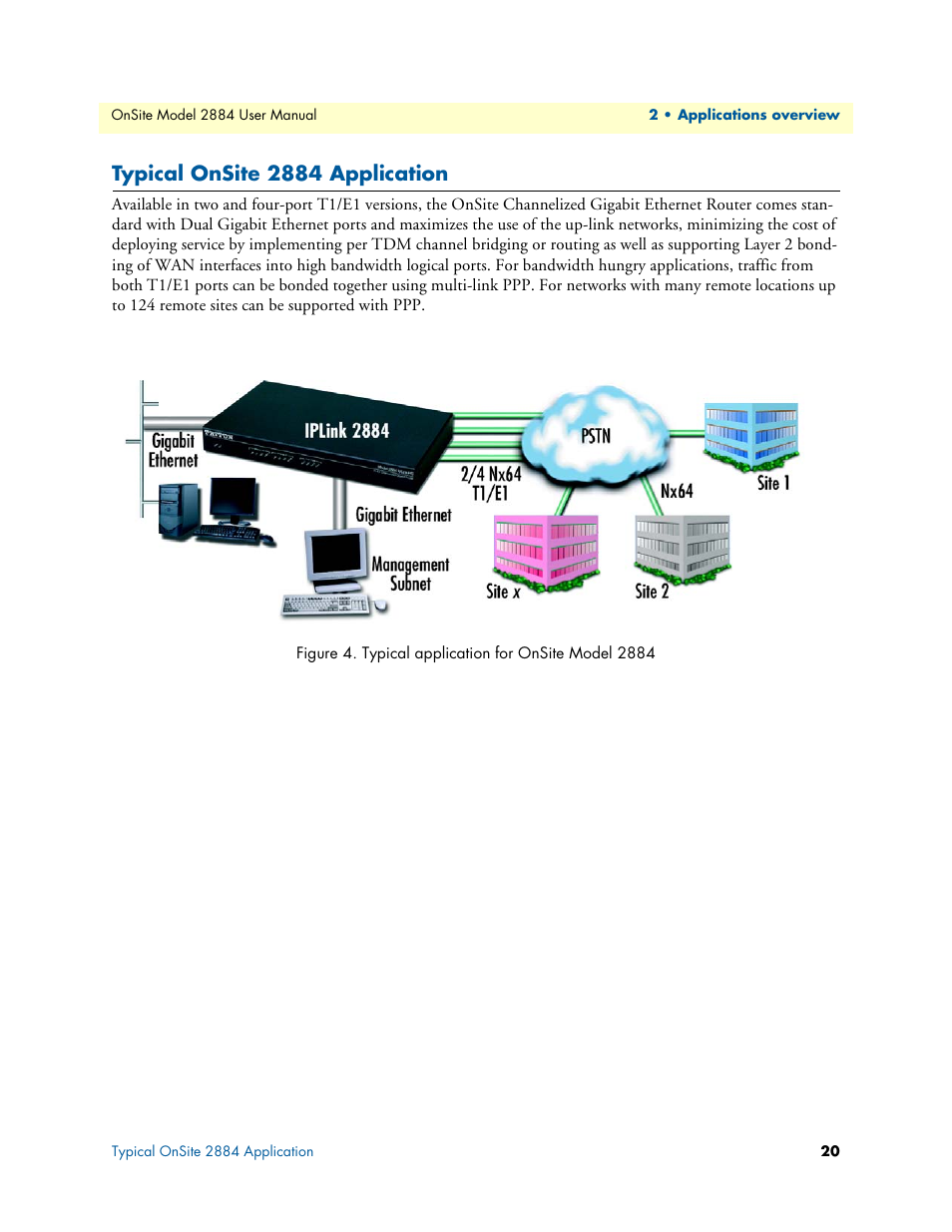 Typical onsite 2884 application, Typical application for onsite model 2884 | Patton electronic T1/E1 CHANNELIZED GIGABIT ROUTER 2884 User Manual | Page 20 / 51