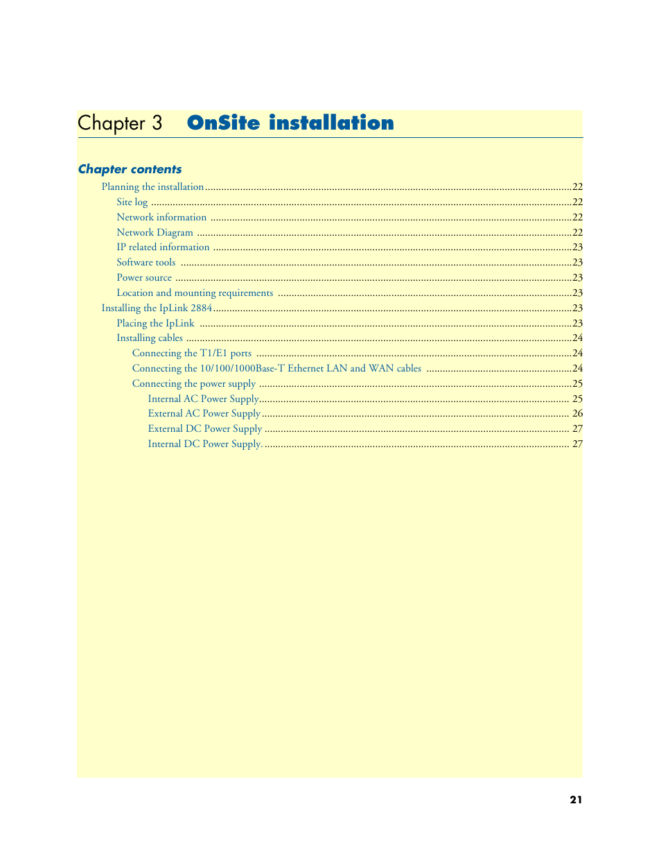 Chapter 3 onsite installation, Onsite installation, Chapter 3 | Patton electronic T1/E1 CHANNELIZED GIGABIT ROUTER 2884 User Manual | Page 21 / 51