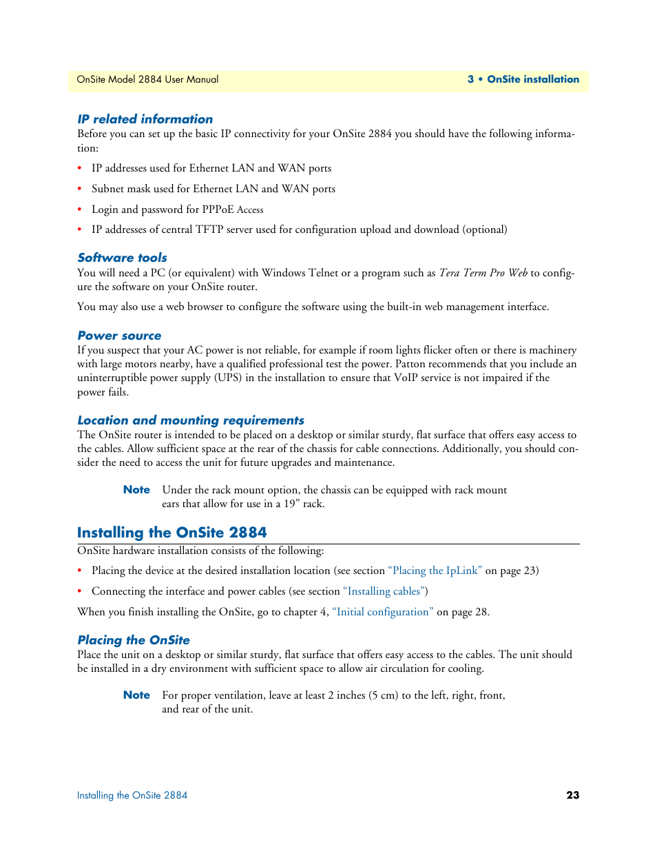 Ip related information, Software tools, Power source | Location and mounting requirements, Installing the onsite 2884, Placing the onsite, Installing the iplink 2884, Placing the iplink, Section | Patton electronic T1/E1 CHANNELIZED GIGABIT ROUTER 2884 User Manual | Page 23 / 51