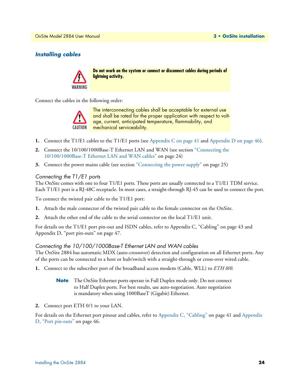 Installing cables, Connecting the t1/e1 ports | Patton electronic T1/E1 CHANNELIZED GIGABIT ROUTER 2884 User Manual | Page 24 / 51