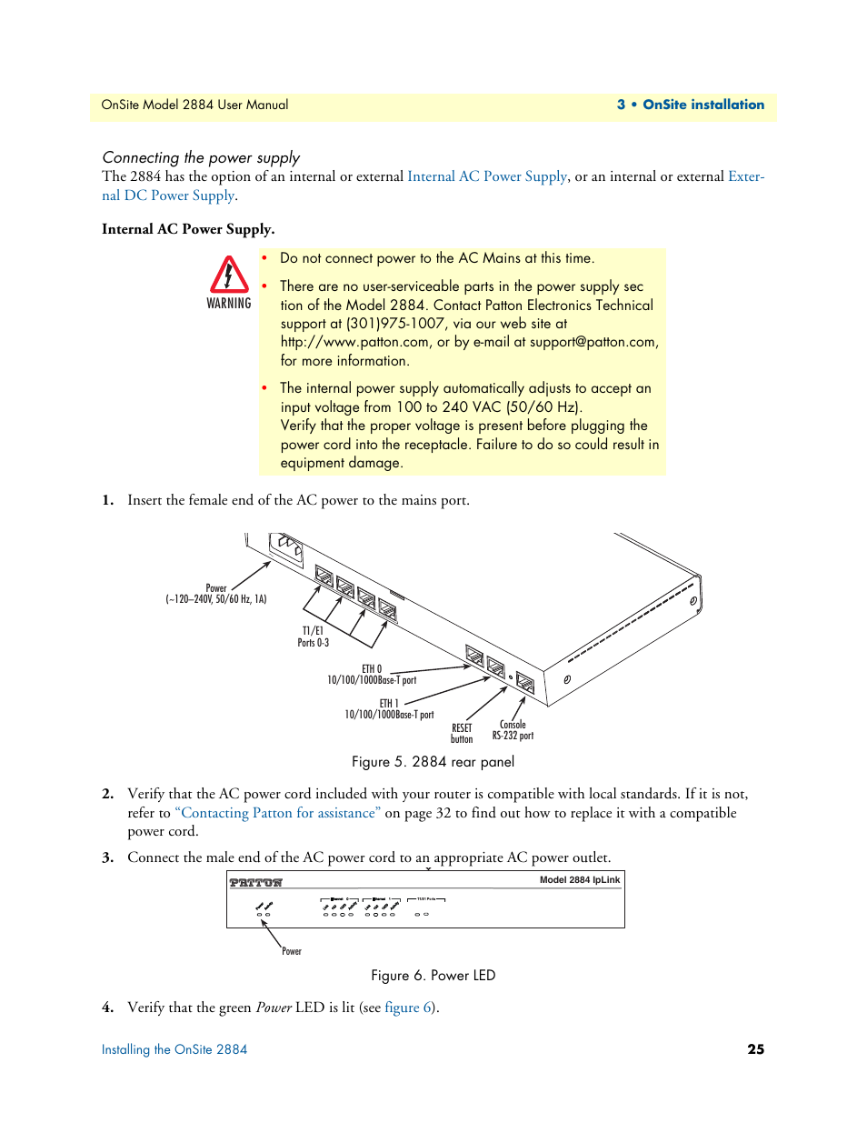 Connecting the power supply, Internal ac power supply, 2884 rear panel | Power led, Figure 6. power led, Do not connect power to the ac mains at this time | Patton electronic T1/E1 CHANNELIZED GIGABIT ROUTER 2884 User Manual | Page 25 / 51