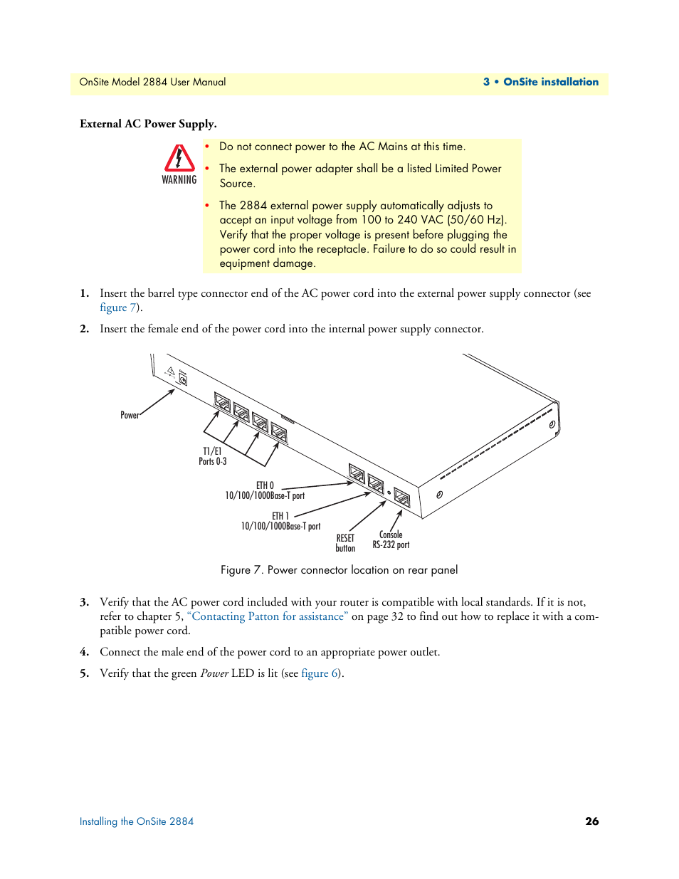 External ac power supply, Power connector location on rear panel | Patton electronic T1/E1 CHANNELIZED GIGABIT ROUTER 2884 User Manual | Page 26 / 51