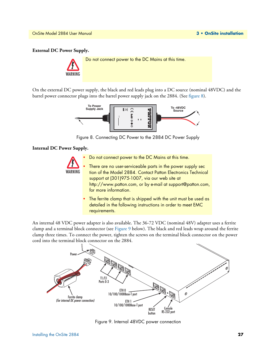 External dc power supply, Internal dc power supply, Connecting dc power to the 2884 dc power supply | Internal 48vdc power connection, Exter, Nal dc power supply, Do not connect power to the dc mains at this time, Warning, Made in china by sunny | Patton electronic T1/E1 CHANNELIZED GIGABIT ROUTER 2884 User Manual | Page 27 / 51