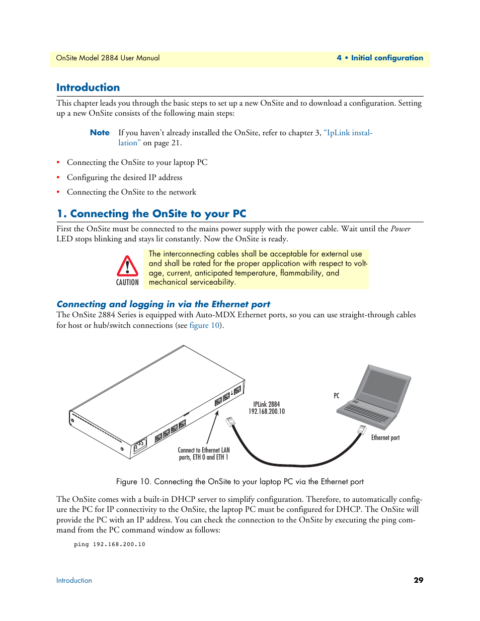 Introduction, Connecting the onsite to your pc, Connecting and logging in via the ethernet port | Connecting the iplink to your pc | Patton electronic T1/E1 CHANNELIZED GIGABIT ROUTER 2884 User Manual | Page 29 / 51