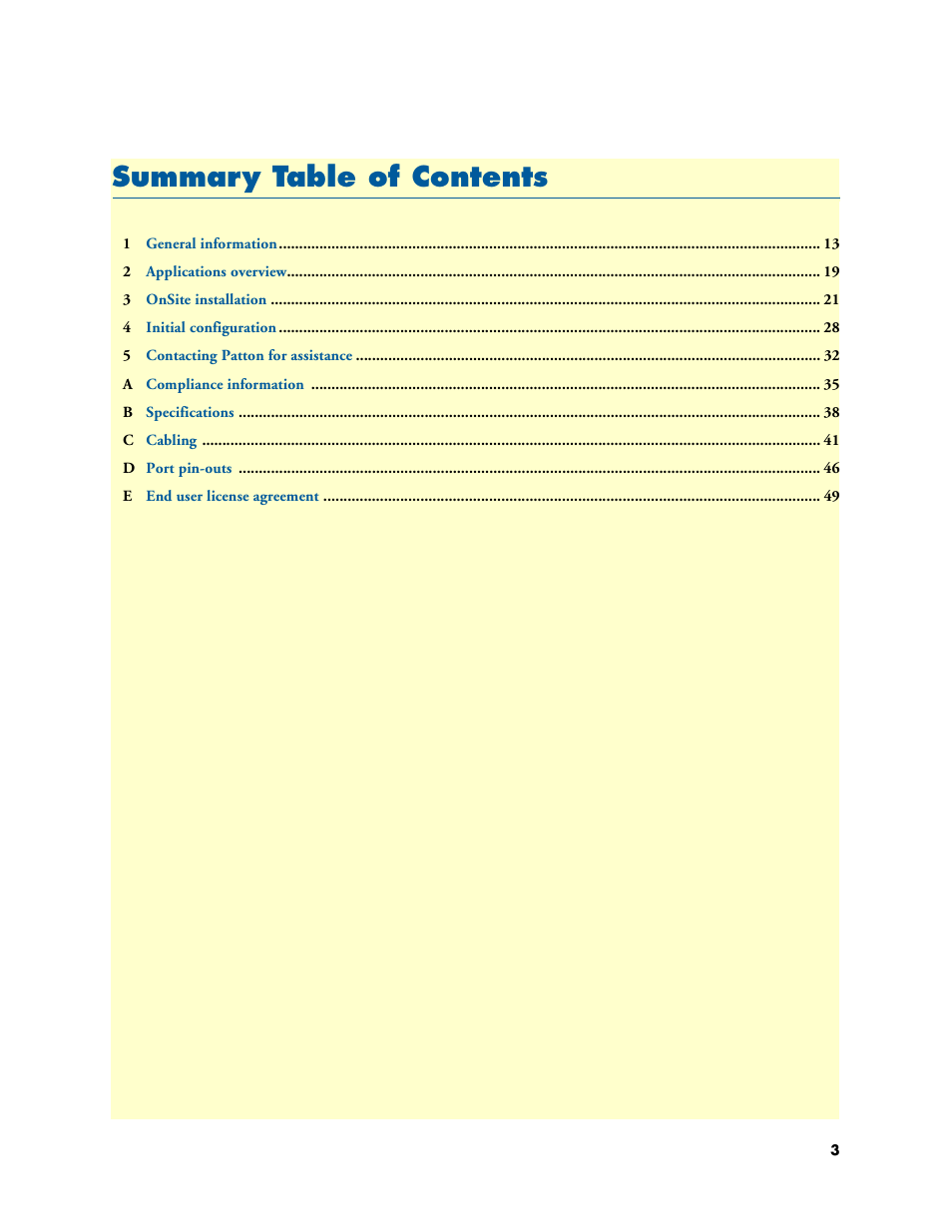 Summary table of contents, Summar y table of contents | Patton electronic T1/E1 CHANNELIZED GIGABIT ROUTER 2884 User Manual | Page 3 / 51