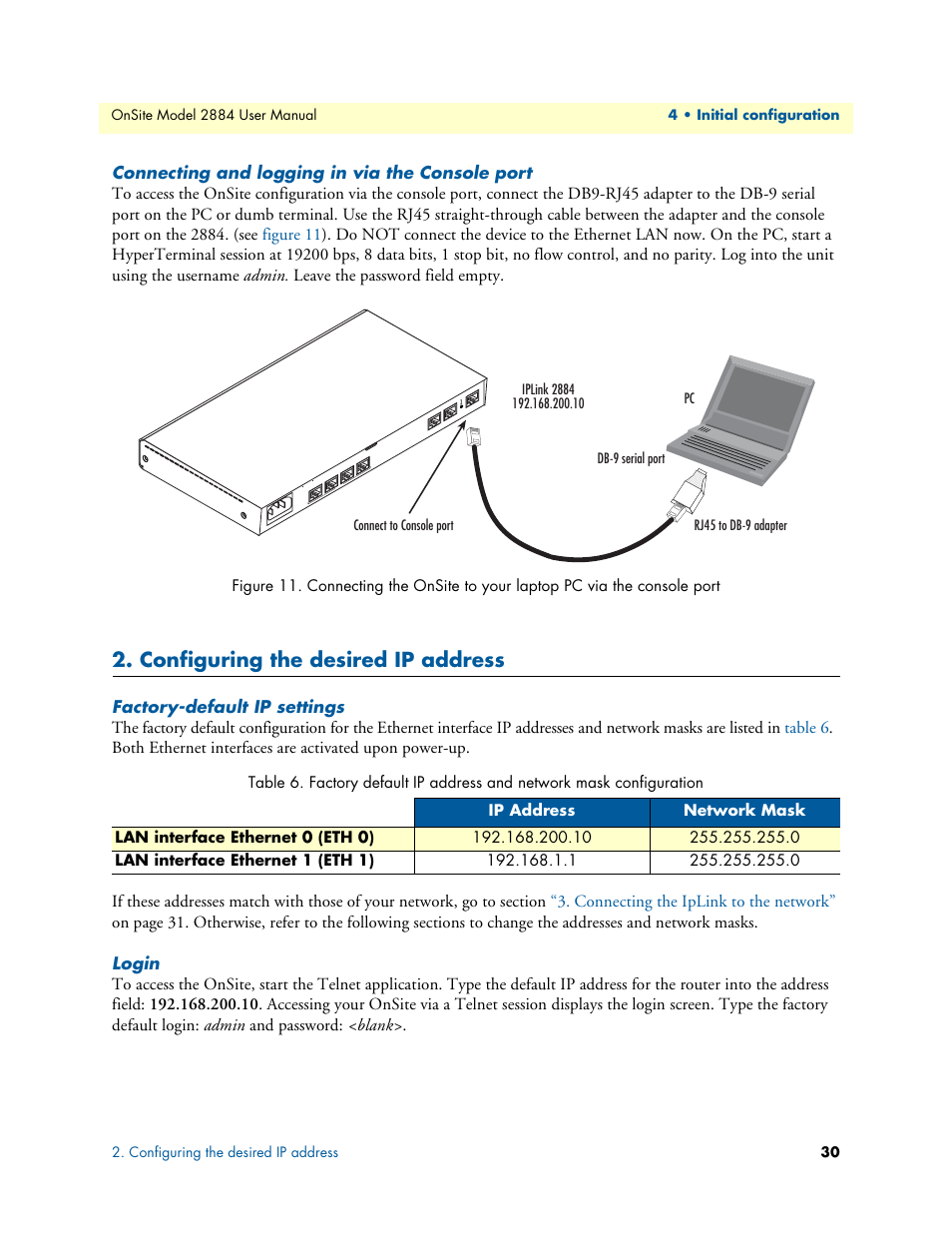 Connecting and logging in via the console port, Configuring the desired ip address, Factory-default ip settings | Login | Patton electronic T1/E1 CHANNELIZED GIGABIT ROUTER 2884 User Manual | Page 30 / 51