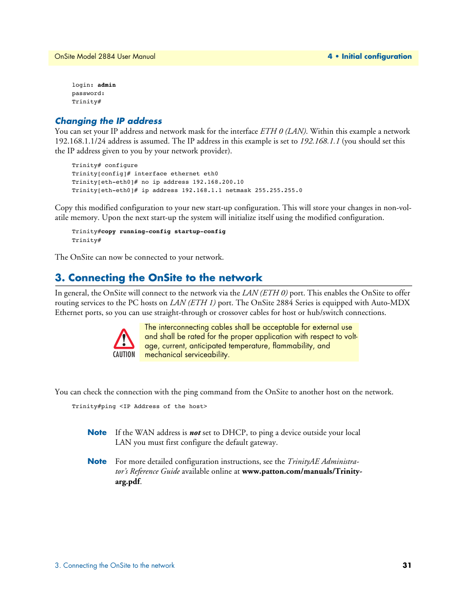 Changing the ip address, Connecting the onsite to the network, Connecting the iplink to the network | Patton electronic T1/E1 CHANNELIZED GIGABIT ROUTER 2884 User Manual | Page 31 / 51