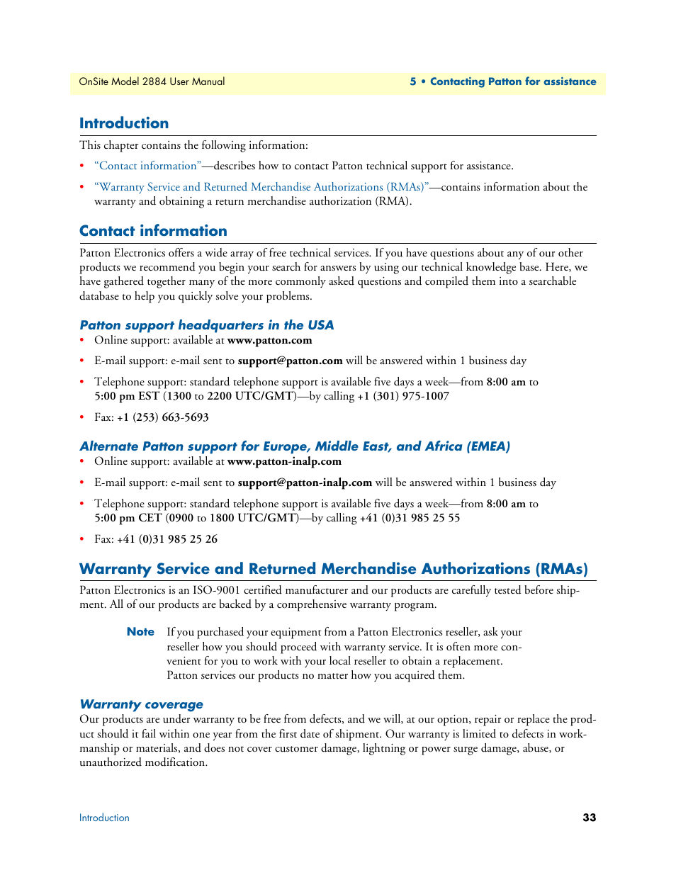 Introduction, Contact information, Patton support headquarters in the usa | Warranty coverage | Patton electronic T1/E1 CHANNELIZED GIGABIT ROUTER 2884 User Manual | Page 33 / 51