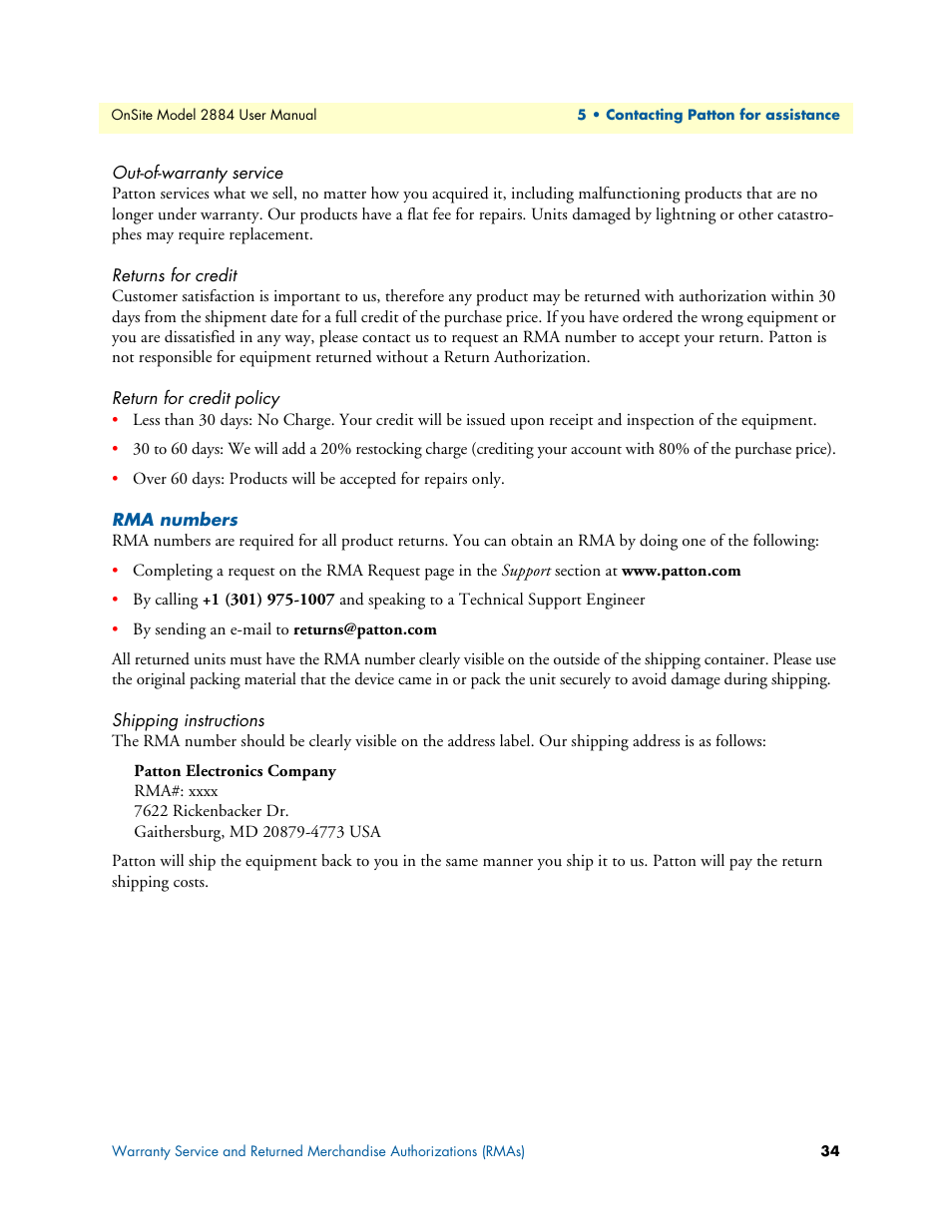 Out-of-warranty service, Returns for credit, Return for credit policy | Rma numbers, Shipping instructions | Patton electronic T1/E1 CHANNELIZED GIGABIT ROUTER 2884 User Manual | Page 34 / 51