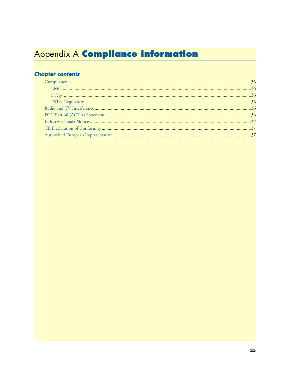 Appendix a compliance information, Compliance information, Appendix a | Patton electronic T1/E1 CHANNELIZED GIGABIT ROUTER 2884 User Manual | Page 35 / 51