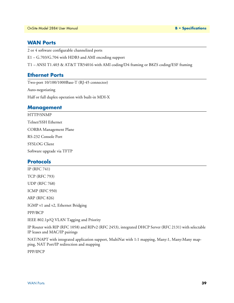 Wan ports, Ethernet ports, Management | Protocols | Patton electronic T1/E1 CHANNELIZED GIGABIT ROUTER 2884 User Manual | Page 39 / 51