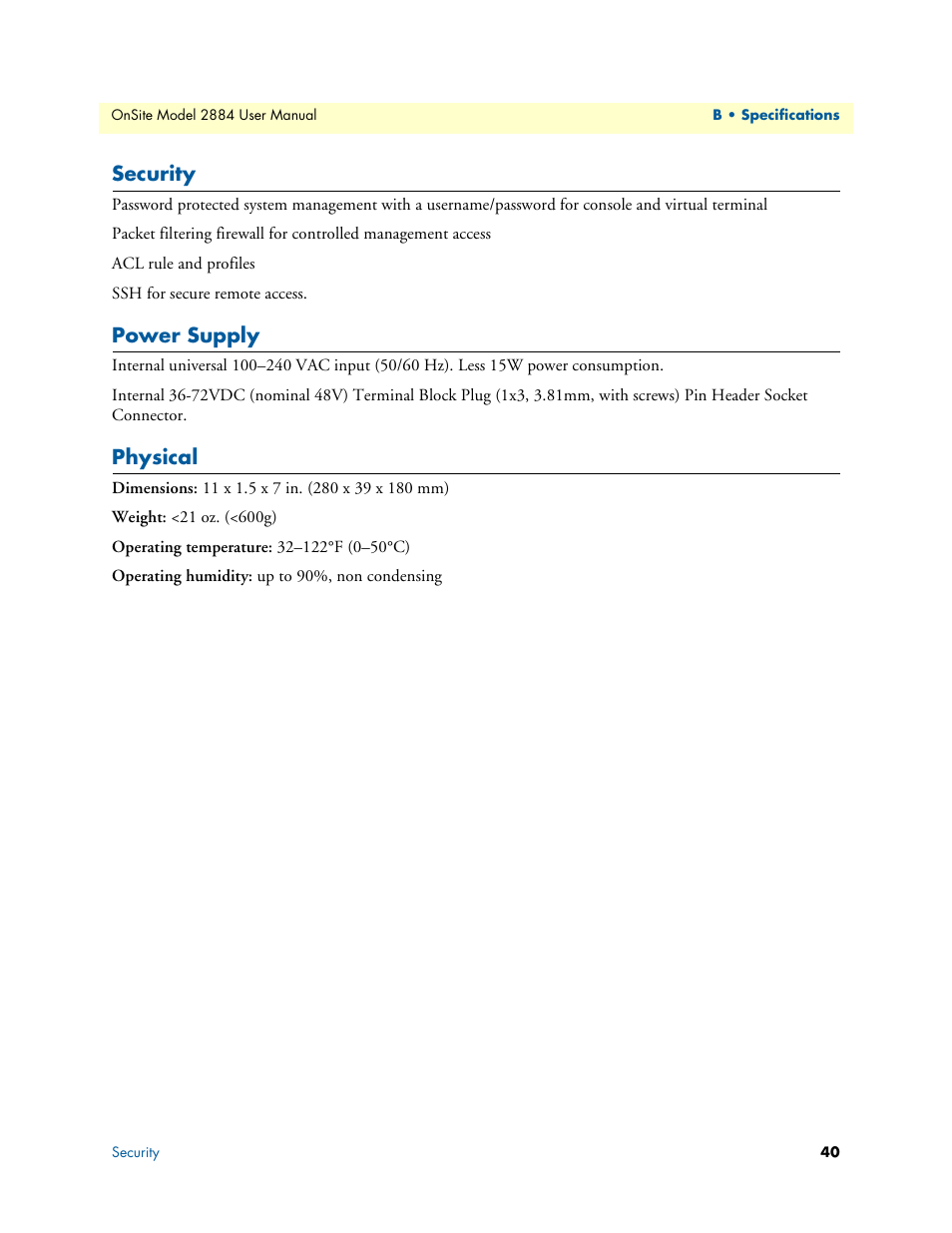 Security, Power supply, Physical | Patton electronic T1/E1 CHANNELIZED GIGABIT ROUTER 2884 User Manual | Page 40 / 51