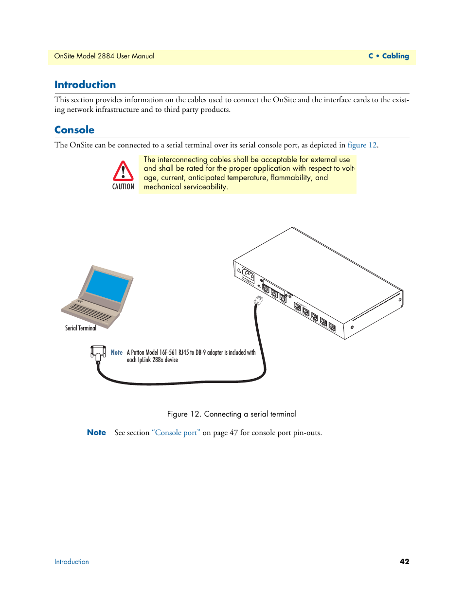 Introduction, Console, Connecting a serial terminal | Patton electronic T1/E1 CHANNELIZED GIGABIT ROUTER 2884 User Manual | Page 42 / 51