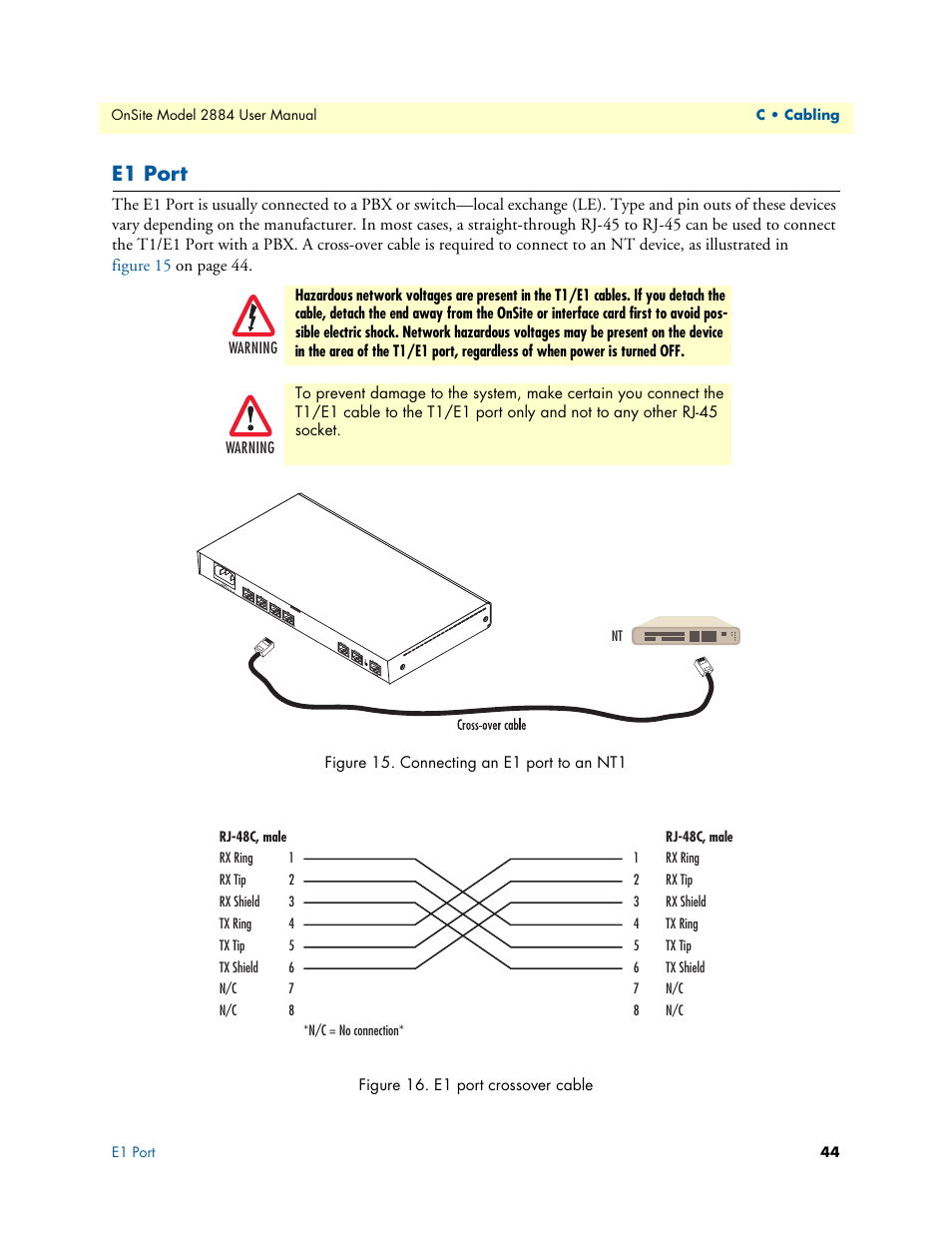 E1 port, Connecting an e1 port to an nt1, E1 port crossover cable | Patton electronic T1/E1 CHANNELIZED GIGABIT ROUTER 2884 User Manual | Page 44 / 51