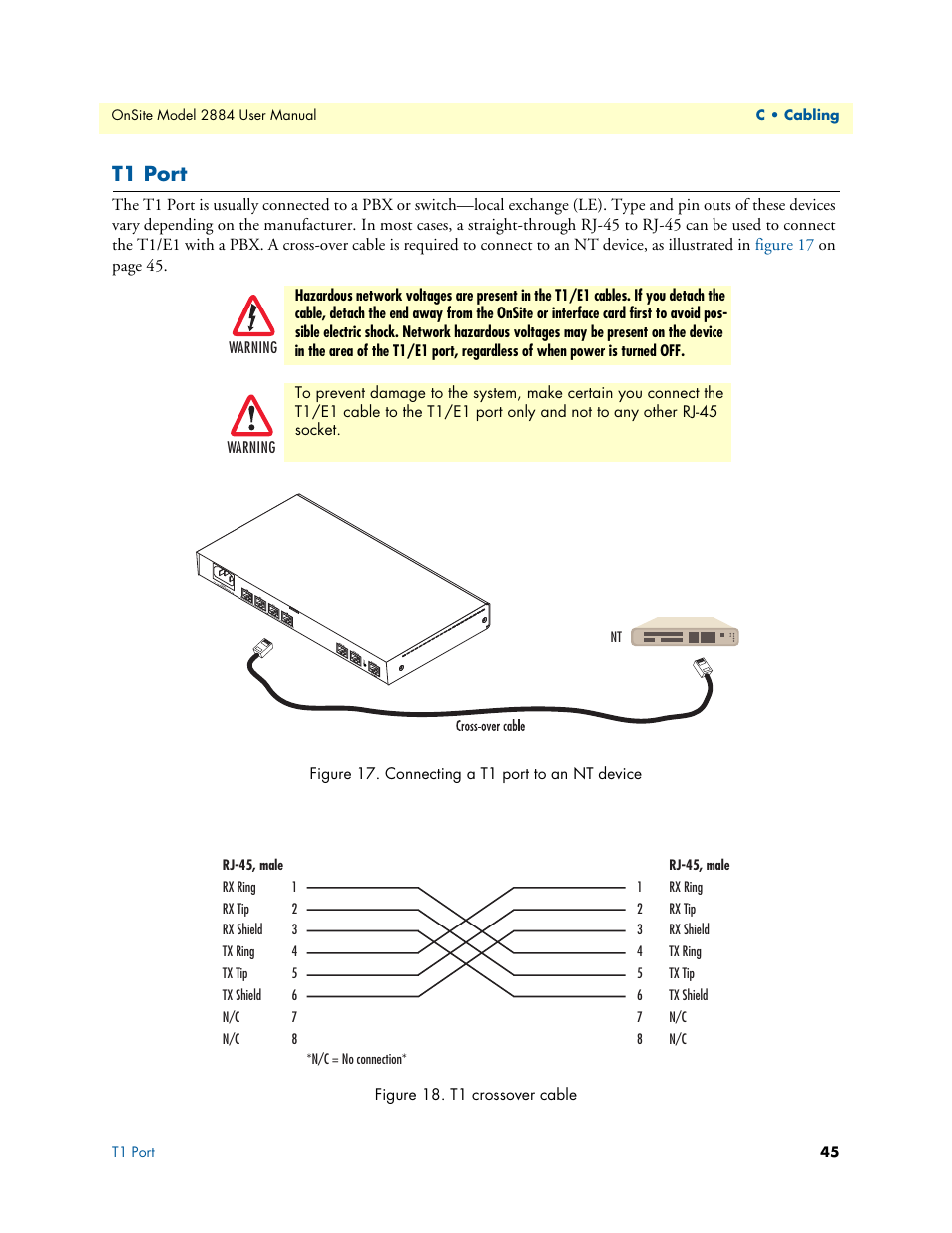 T1 port, Connecting a t1 port to an nt device, T1 crossover cable | Patton electronic T1/E1 CHANNELIZED GIGABIT ROUTER 2884 User Manual | Page 45 / 51