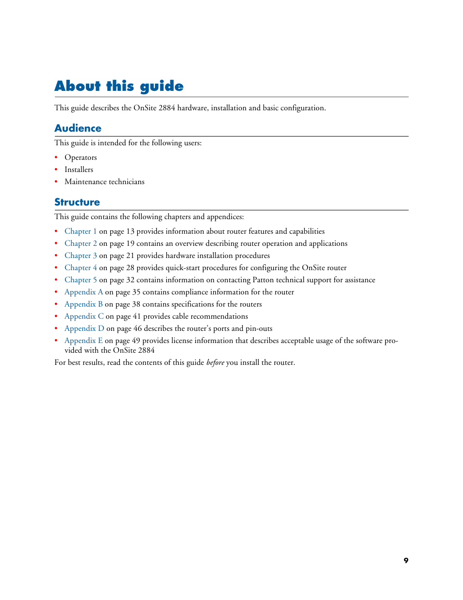 About this guide, Audience, Structure | Patton electronic T1/E1 CHANNELIZED GIGABIT ROUTER 2884 User Manual | Page 9 / 51