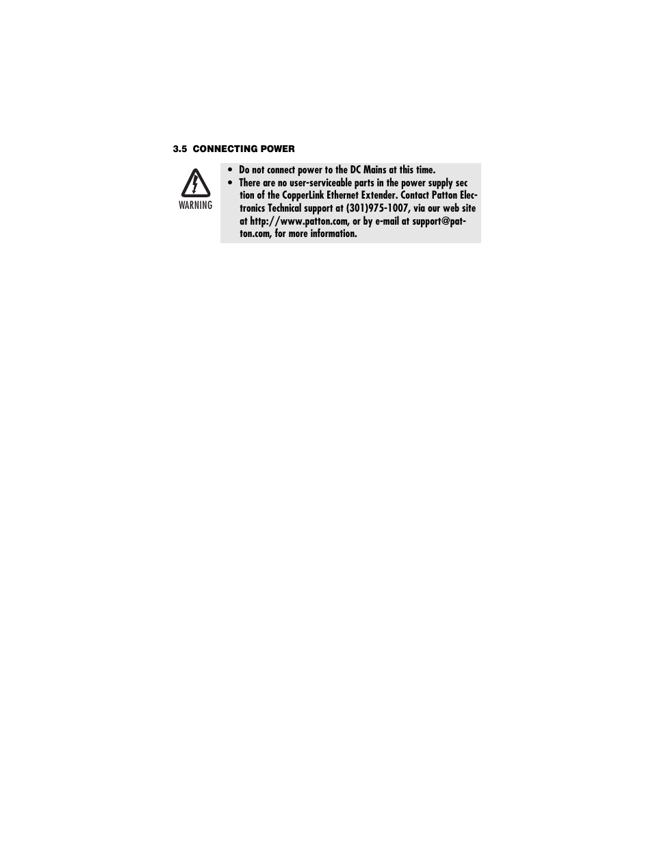 5 connecting power, Connecting power, Section 3.5, “connecting power” on | Patton electronic CopperLink Ethernet Extenders 2168A User Manual | Page 15 / 28