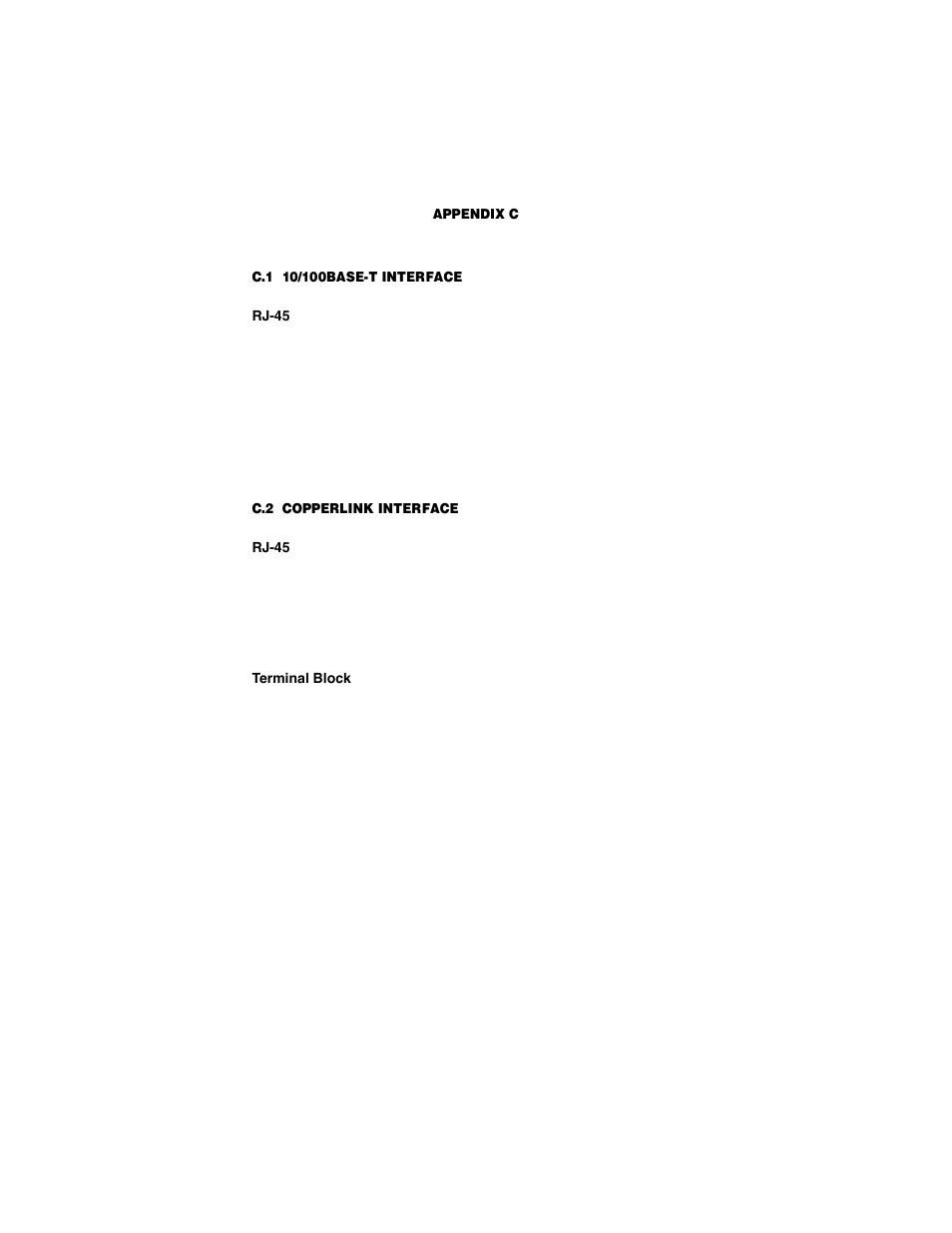 C.1 10/100base-t interface, Rj-45, C.2 copperlink interface | Terminal block, Copperlink series interface pin assignment, 10/100base-t interface, Copperlink interface, Rj-45 terminal block | Patton electronic CopperLink Ethernet Extenders 2168A User Manual | Page 24 / 28