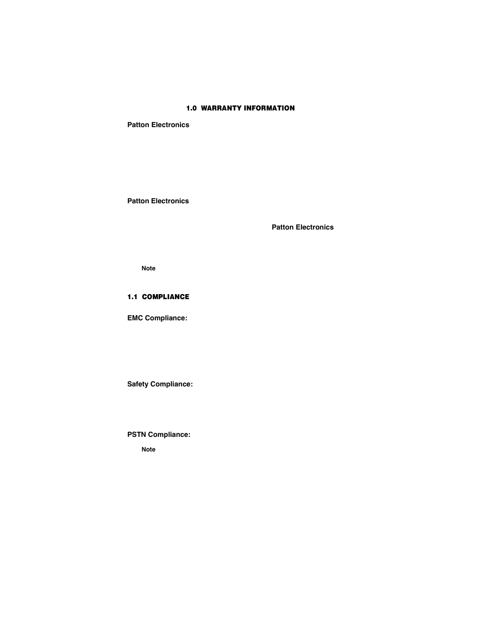 0 warranty information, 1 compliance, Emc compliance | Safety compliance, Pstn compliance, Warranty information, Compliance, Emc compliance: safety compliance: pstn compliance | Patton electronic CopperLink Ethernet Extenders 2168A User Manual | Page 4 / 28