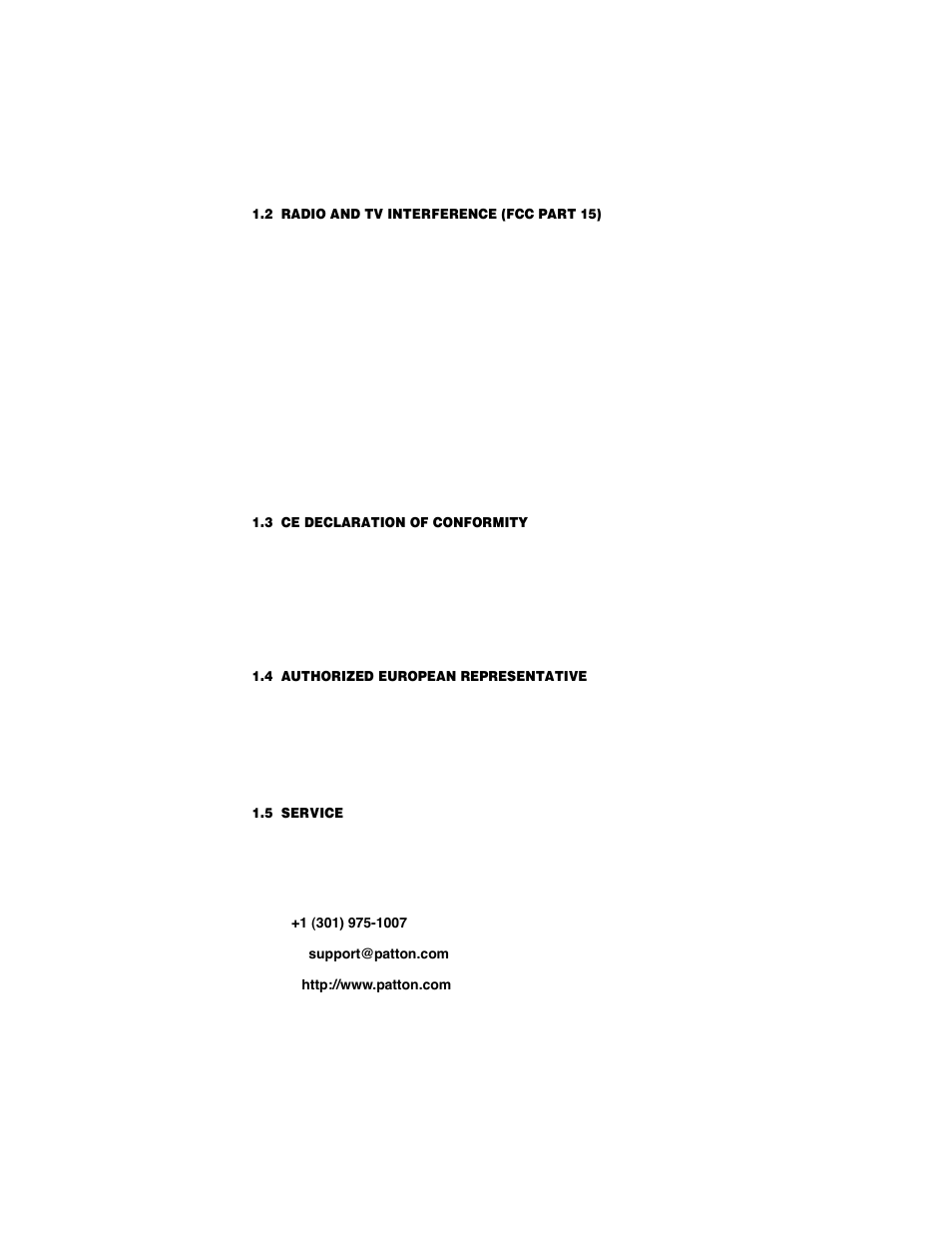 2 radio and tv interference (fcc part 15), 3 ce declaration of conformity, 4 authorized european representative | 5 service, Radio and tv interference (fcc part 15), Ce declaration of conformity, Authorized european representative, Service | Patton electronic CopperLink Ethernet Extenders 2168A User Manual | Page 5 / 28