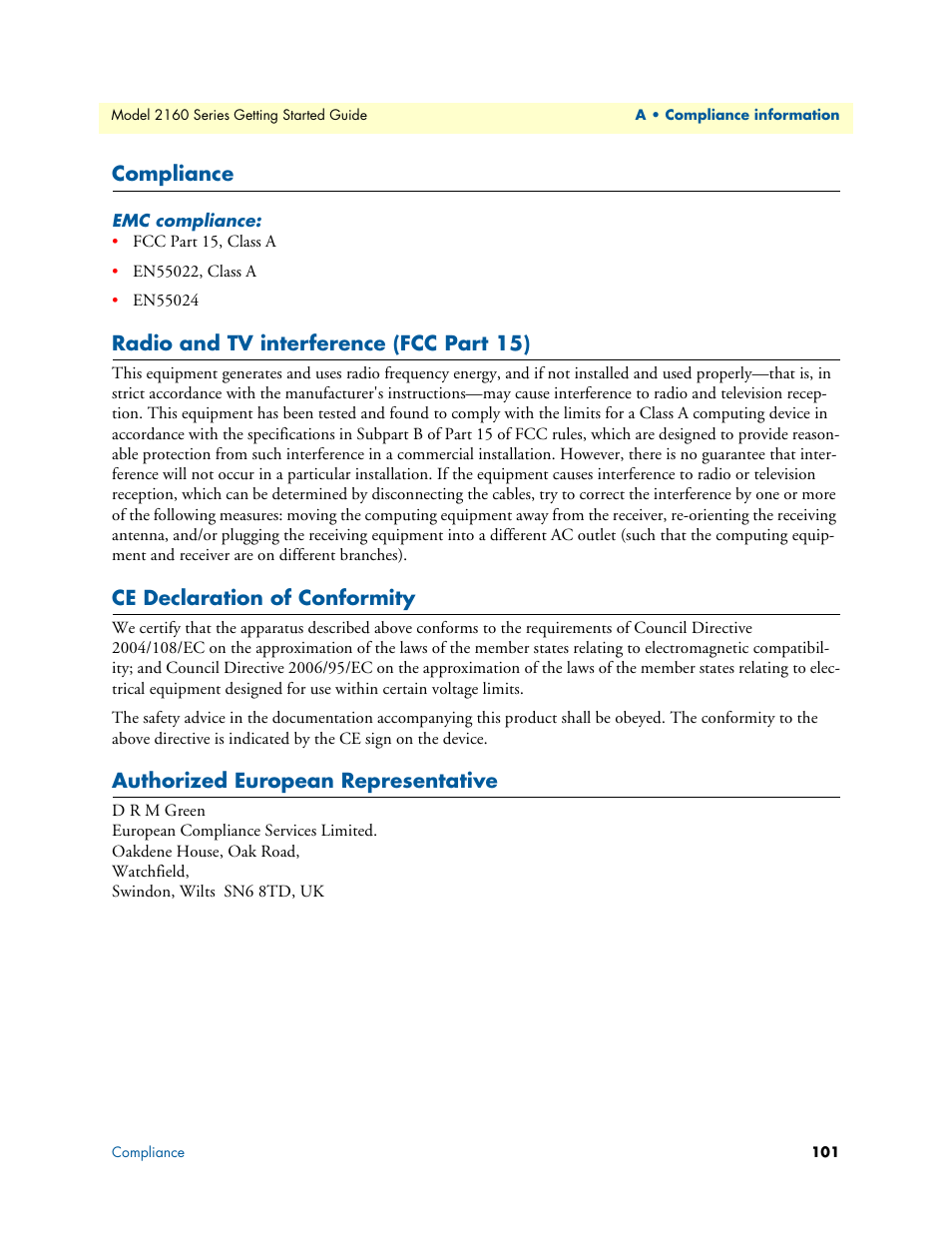 Compliance, Emc compliance, Radio and tv interference (fcc part 15) | Ce declaration of conformity, Authorized european representative | Patton electronic CopperLink 2160 Series User Manual | Page 101 / 107