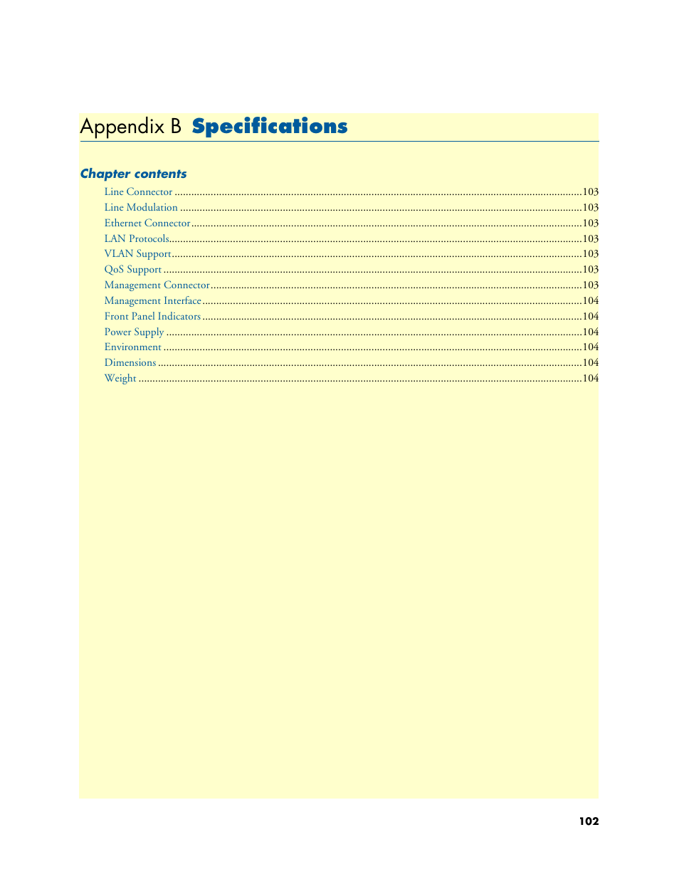Appendix b specifications, Specifications, Appendix b | Patton electronic CopperLink 2160 Series User Manual | Page 102 / 107