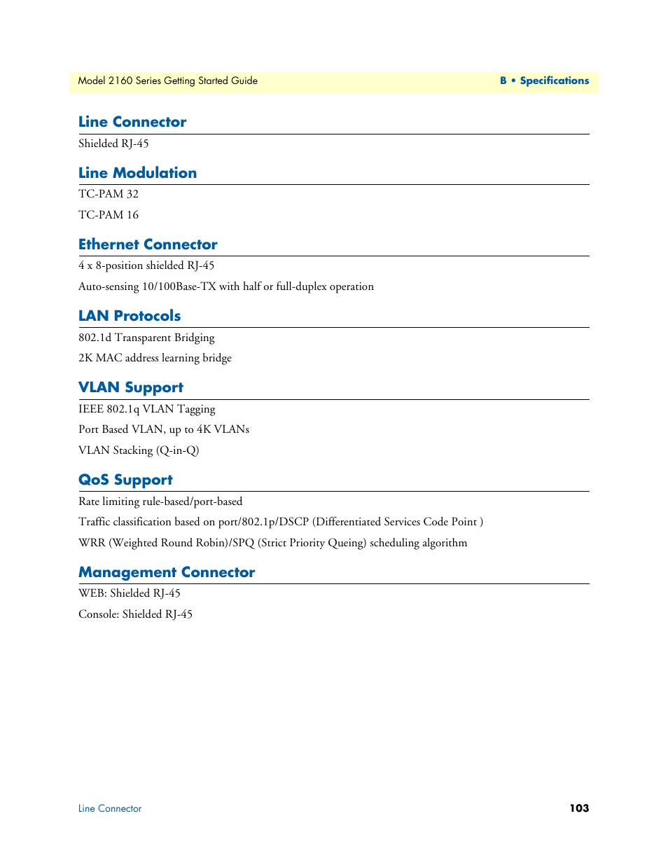 Line connector, Line modulation, Ethernet connector | Lan protocols, Vlan support, Qos support, Management connector | Patton electronic CopperLink 2160 Series User Manual | Page 103 / 107