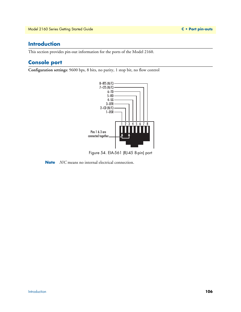 Introduction, Console port, Eia-561 (rj-45 8-pin) port | Patton electronic CopperLink 2160 Series User Manual | Page 106 / 107