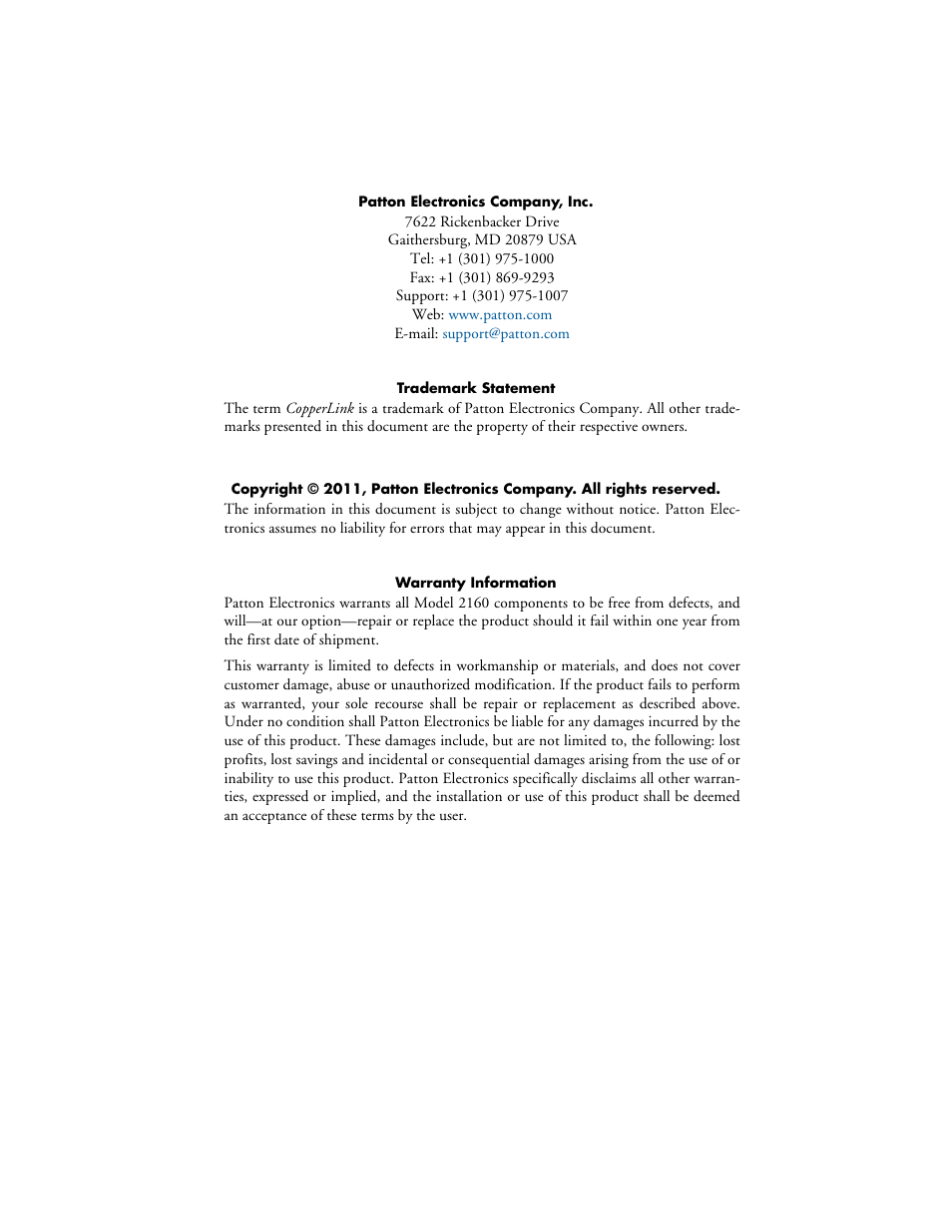 Patton electronic CopperLink 2160 Series User Manual | Page 2 / 107