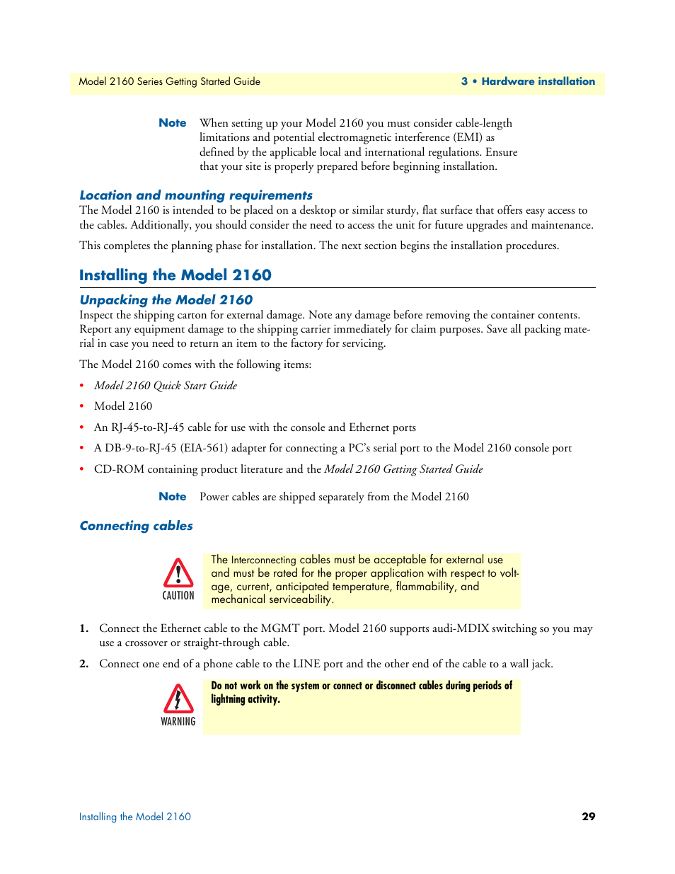 Location and mounting requirements, Installing the model 2160, Unpacking the model 2160 | Connecting cables | Patton electronic CopperLink 2160 Series User Manual | Page 29 / 107