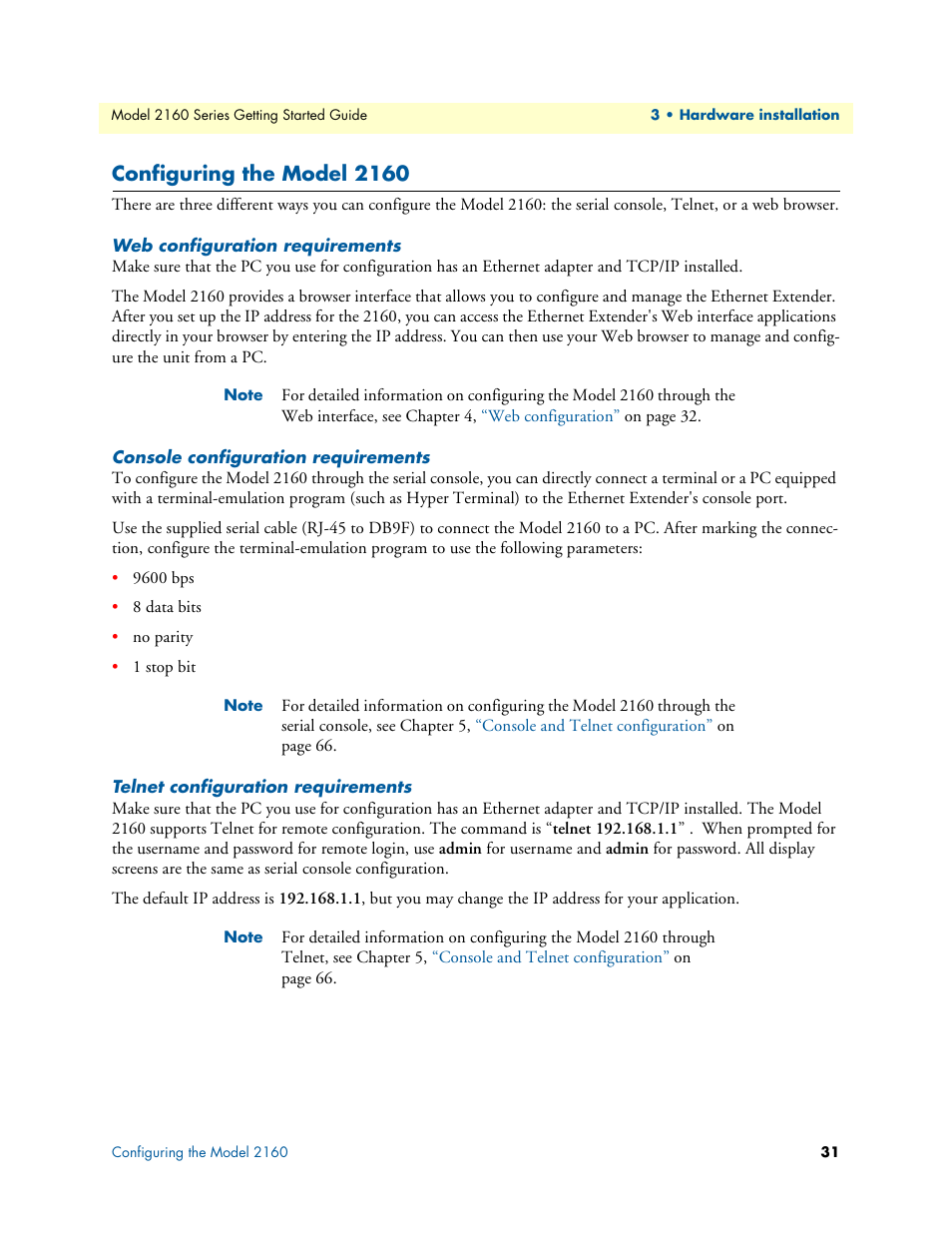 Configuring the model 2160, Web configuration requirements, Console configuration requirements | Telnet configuration requirements | Patton electronic CopperLink 2160 Series User Manual | Page 31 / 107