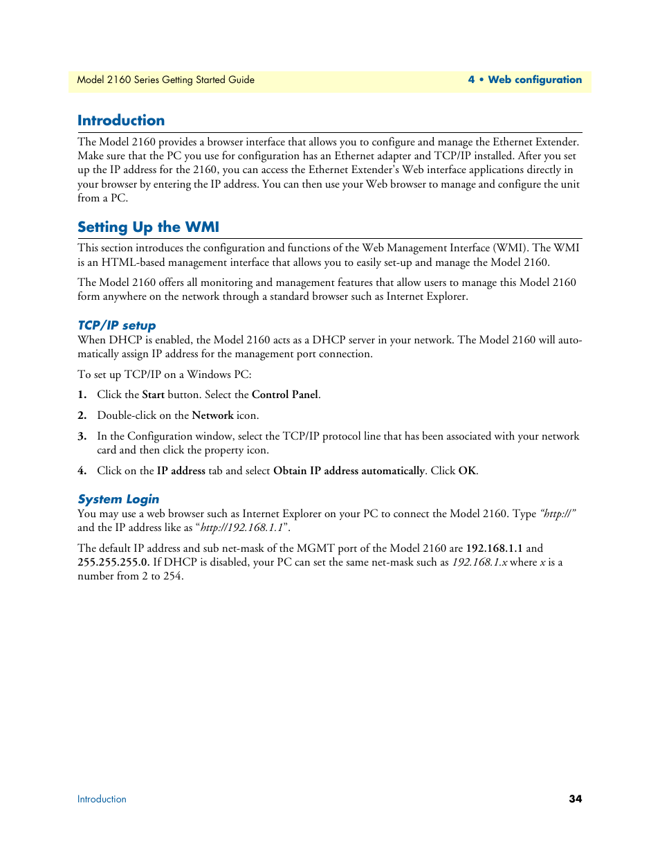 Introduction, Setting up the wmi, Tcp/ip setup | System login | Patton electronic CopperLink 2160 Series User Manual | Page 34 / 107