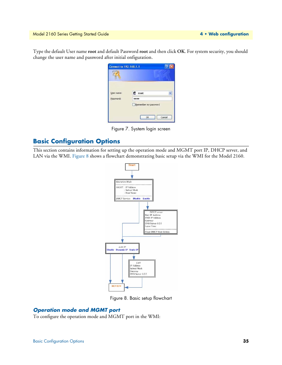 Basic configuration options, Operation mode and mgmt port, System login screen | Basic setup flowchart | Patton electronic CopperLink 2160 Series User Manual | Page 35 / 107