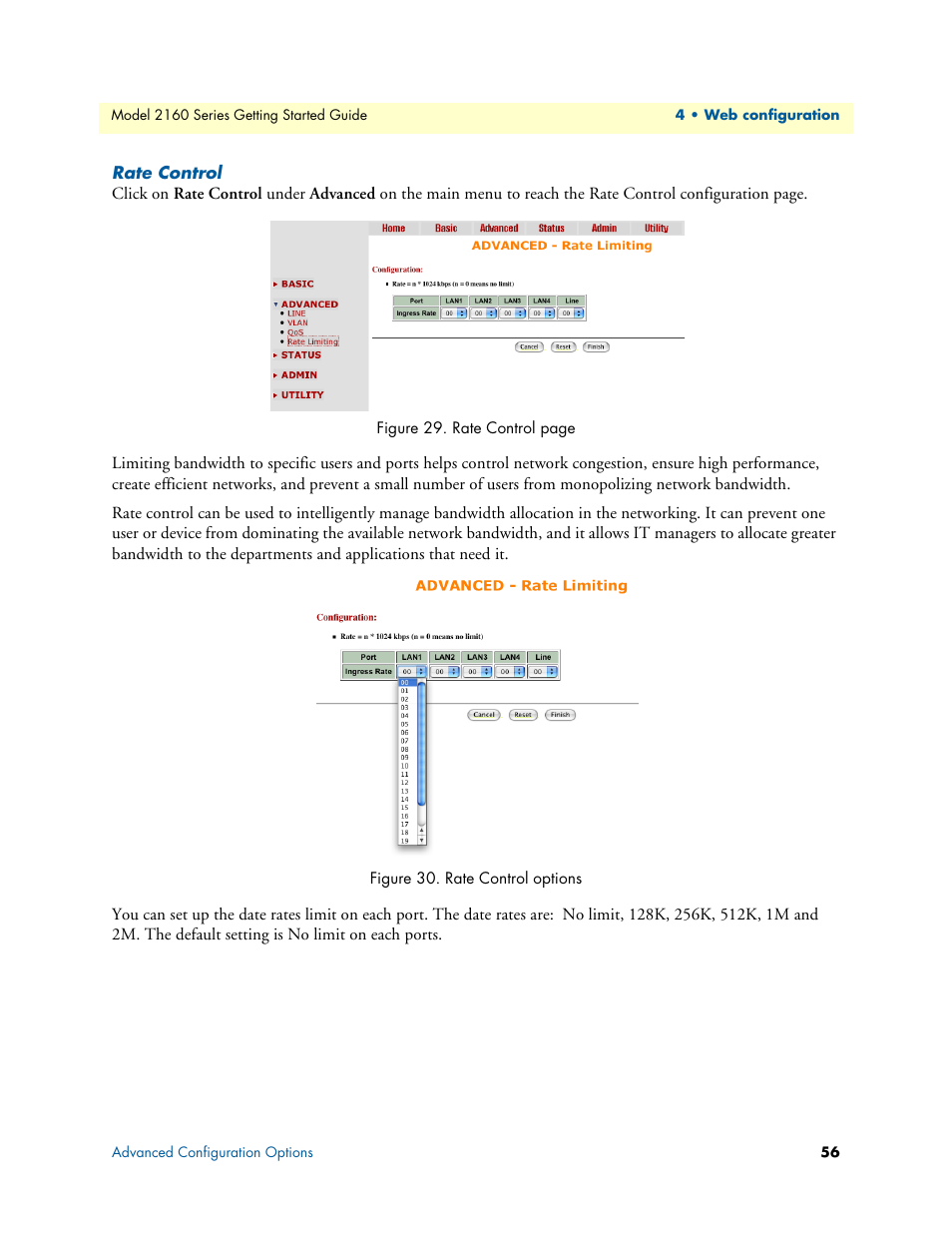 Rate control, Rate control options | Patton electronic CopperLink 2160 Series User Manual | Page 56 / 107