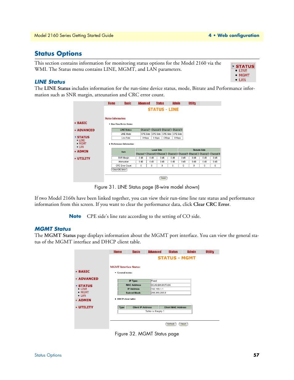 Status options, Line status, Mgmt status | Patton electronic CopperLink 2160 Series User Manual | Page 57 / 107