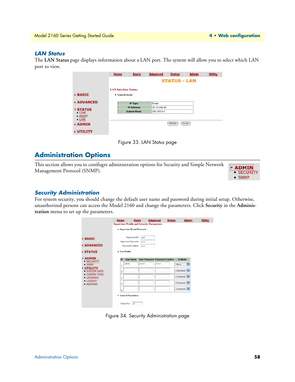Lan status, Administration options, Security administration | Patton electronic CopperLink 2160 Series User Manual | Page 58 / 107