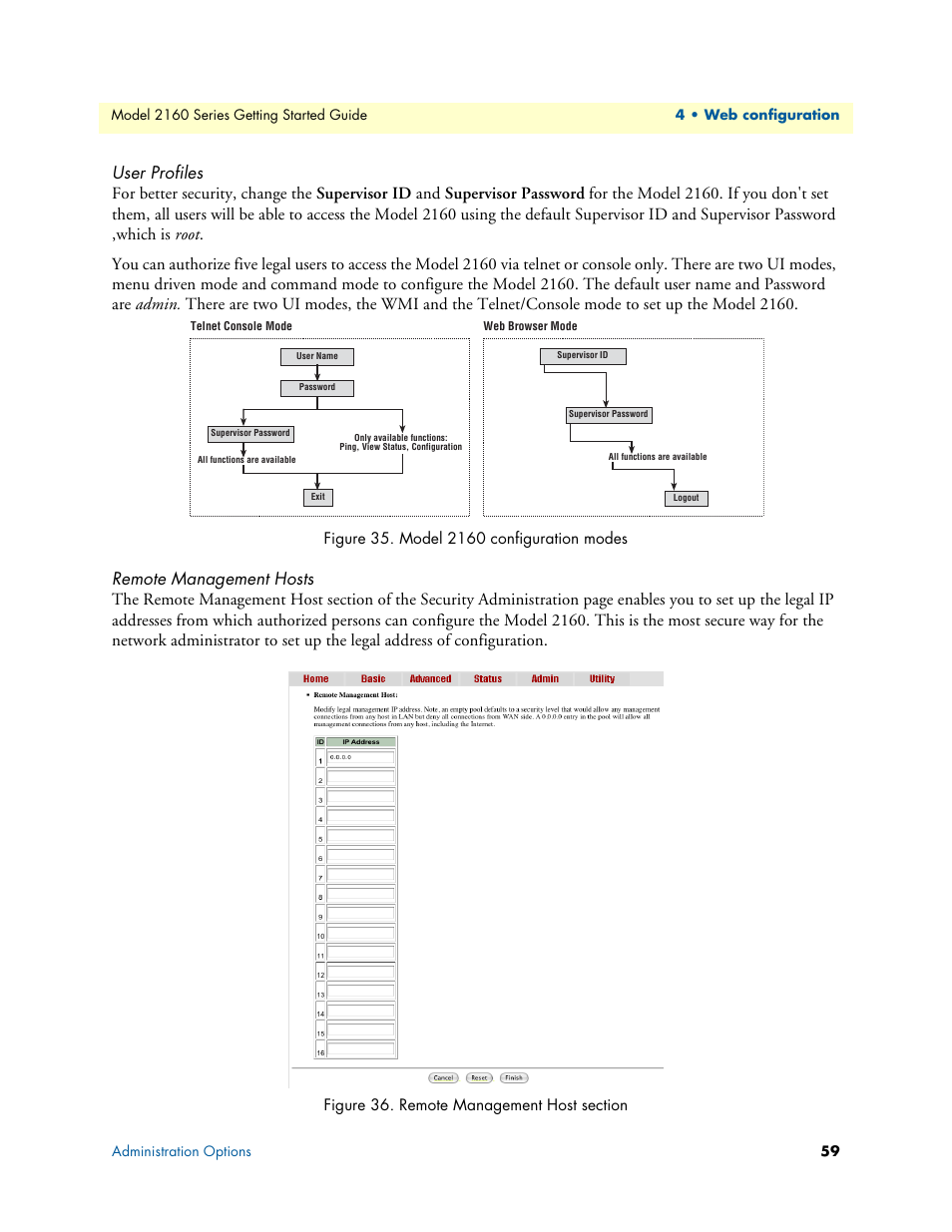 User profiles, Remote management hosts, Model 2160 configuration modes | Remote management host section | Patton electronic CopperLink 2160 Series User Manual | Page 59 / 107