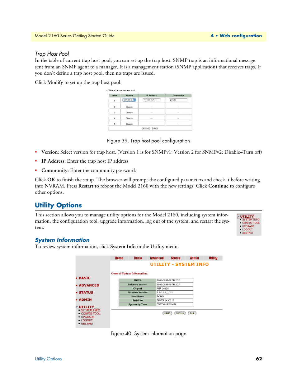 Trap host pool, Utility options, System information | Trap host pool configuration | Patton electronic CopperLink 2160 Series User Manual | Page 62 / 107