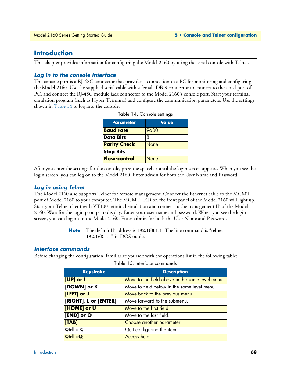 Introduction, Log in to the console interface, Log in using telnet | Interface commands, Console settings | Patton electronic CopperLink 2160 Series User Manual | Page 68 / 107
