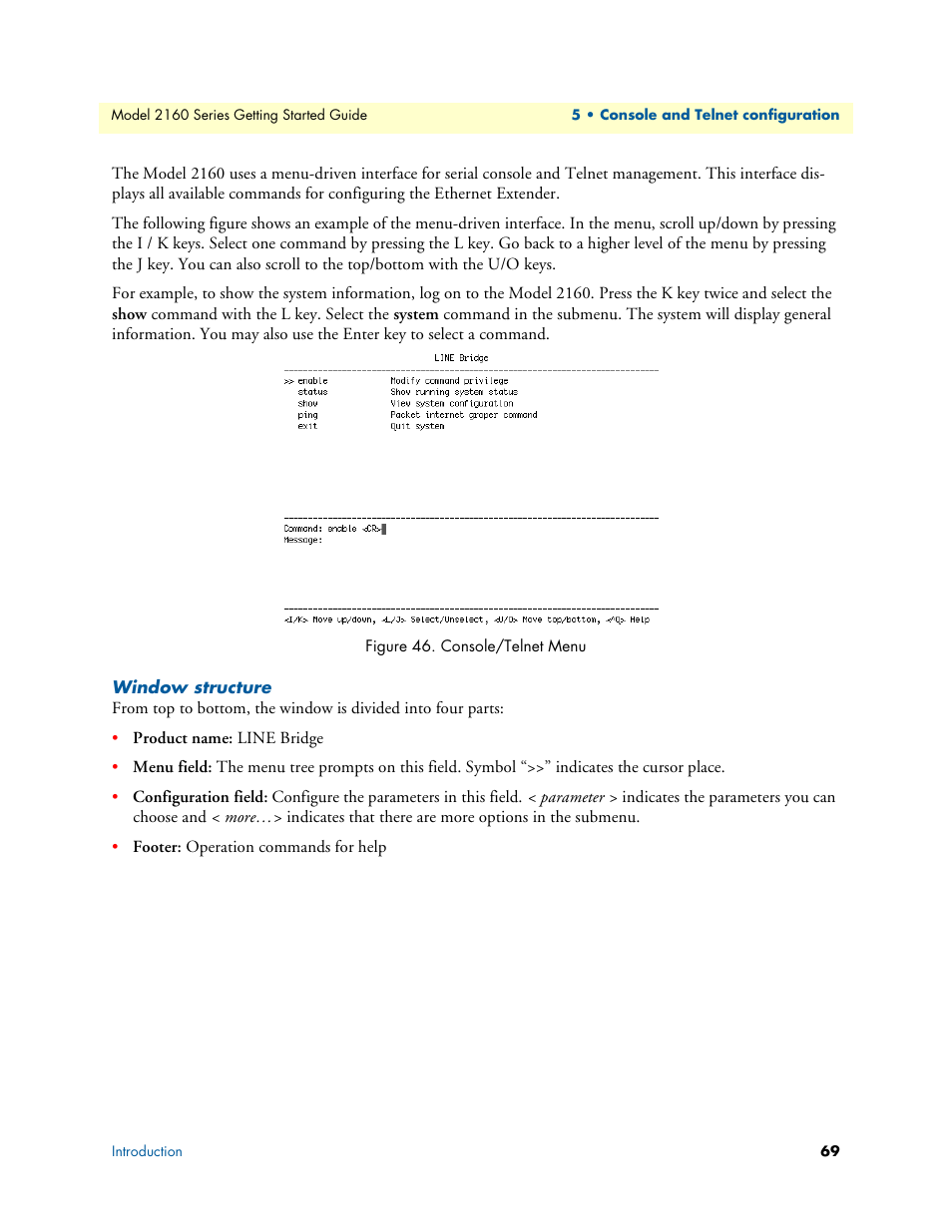 Window structure, Console/telnet menu | Patton electronic CopperLink 2160 Series User Manual | Page 69 / 107