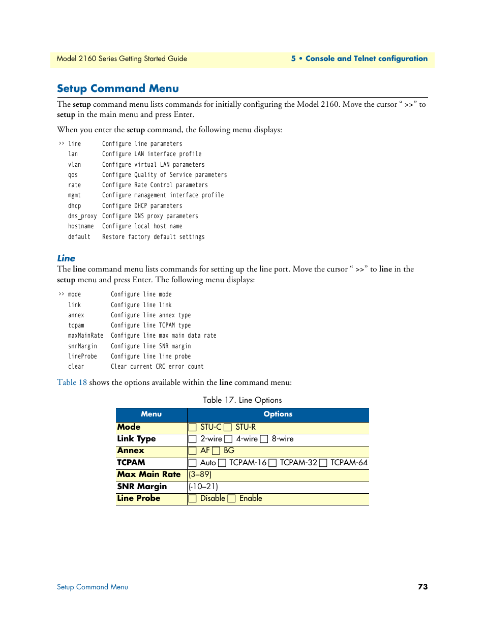 Setup command menu, Line, Line options | Patton electronic CopperLink 2160 Series User Manual | Page 73 / 107