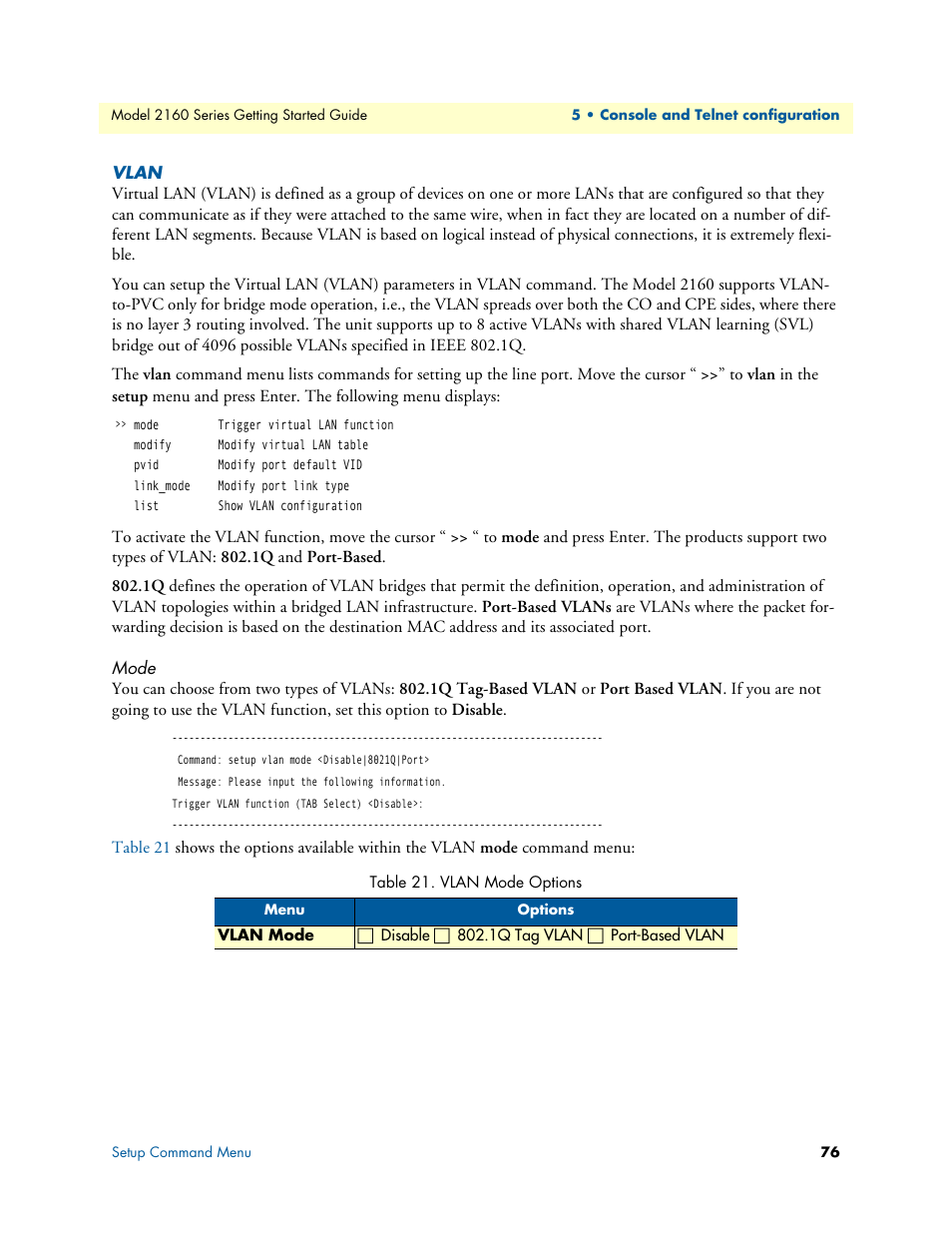 Vlan, Mode, Vlan mode options | Patton electronic CopperLink 2160 Series User Manual | Page 76 / 107