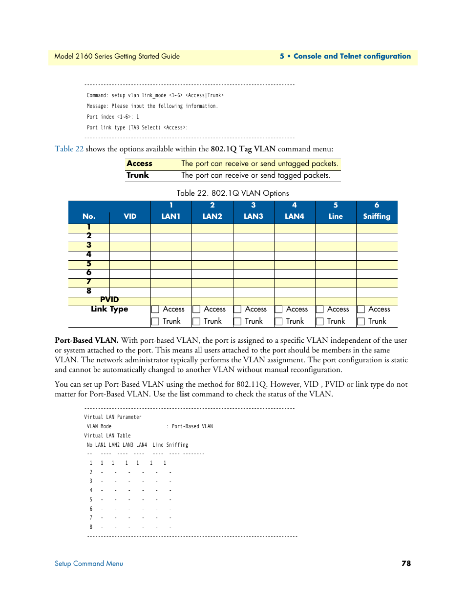 Port-based vlan, 1q vlan options | Patton electronic CopperLink 2160 Series User Manual | Page 78 / 107