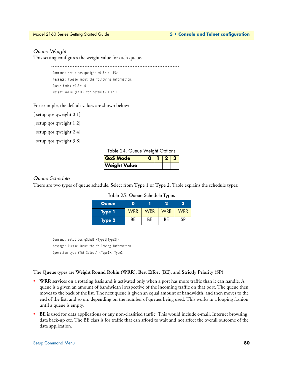 Queue weight, Queue schedule, Queue weight options | Queue schedule types | Patton electronic CopperLink 2160 Series User Manual | Page 80 / 107
