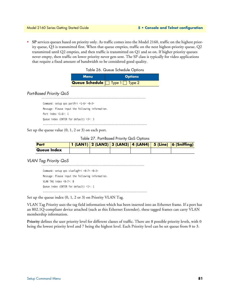 Port-based priority qos, Vlan tag priority qos, Queue schedule options | Port-based priority qos options | Patton electronic CopperLink 2160 Series User Manual | Page 81 / 107