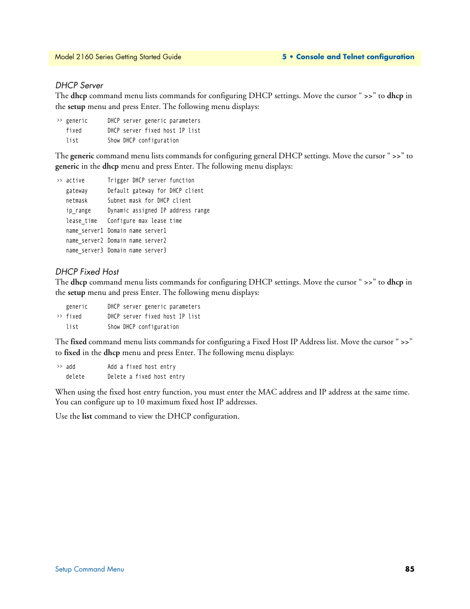 Dhcp server, Dhcp fixed host | Patton electronic CopperLink 2160 Series User Manual | Page 85 / 107