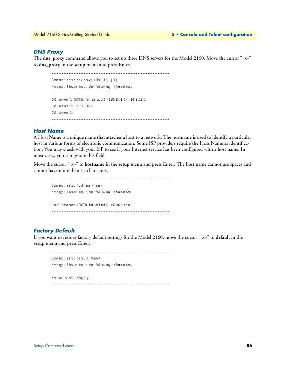 Dns proxy, Host name, Factory default | Patton electronic CopperLink 2160 Series User Manual | Page 86 / 107