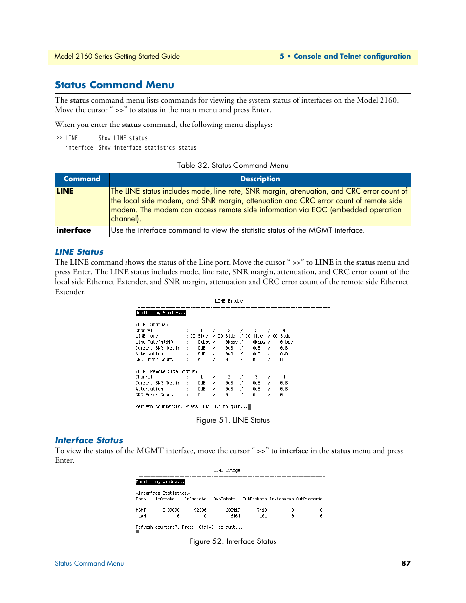 Status command menu, Line status, Interface status | Patton electronic CopperLink 2160 Series User Manual | Page 87 / 107