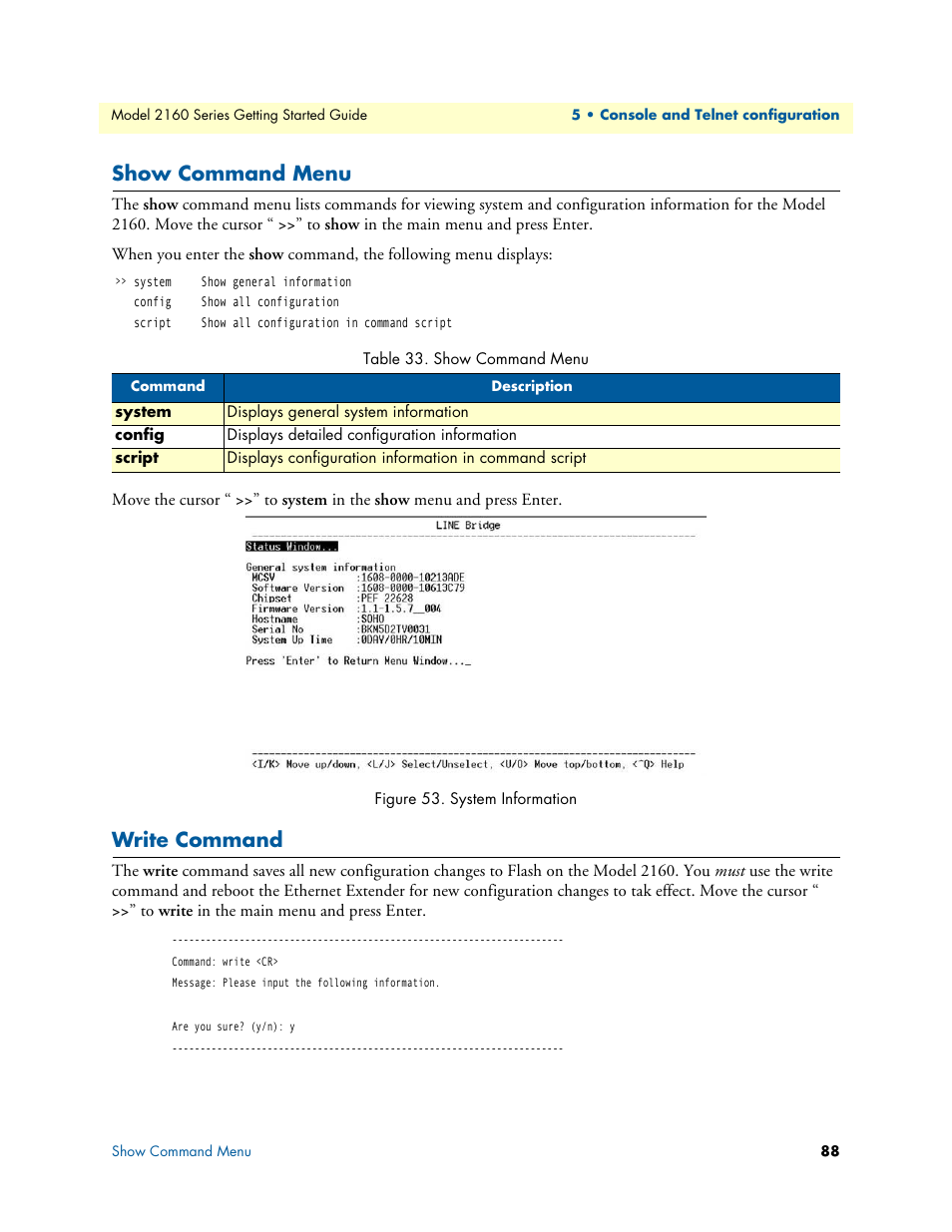 Show command menu, Write command, System information | Patton electronic CopperLink 2160 Series User Manual | Page 88 / 107