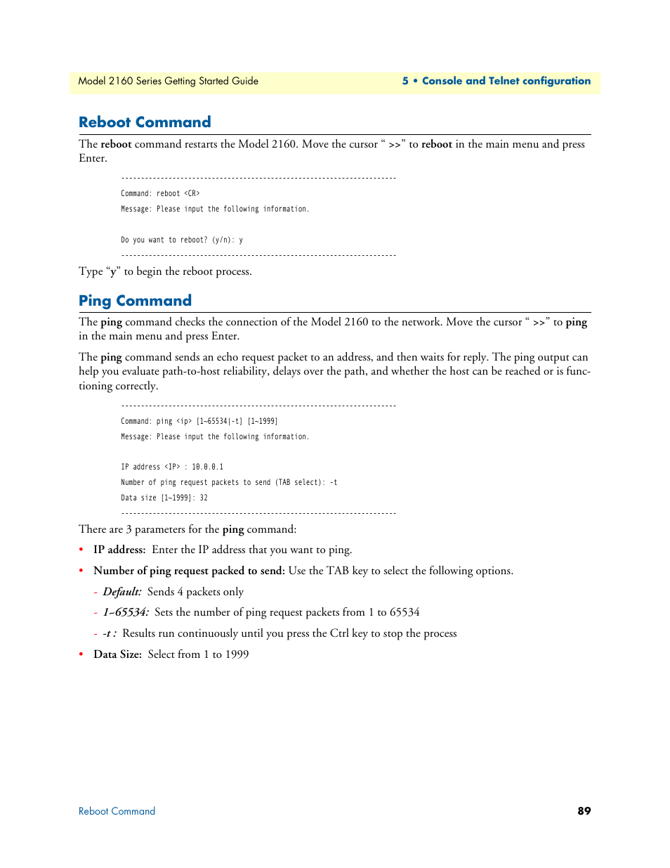 Reboot command, Ping command | Patton electronic CopperLink 2160 Series User Manual | Page 89 / 107